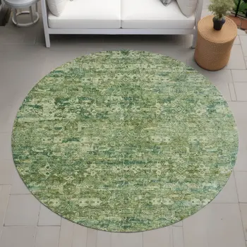 8' Olive Green And Sage Round Ikat Washable Indoor Outdoor Area Rug