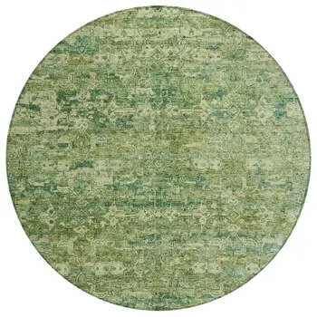 8' Olive Green And Sage Round Ikat Washable Indoor Outdoor Area Rug