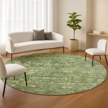 8' Olive Green And Sage Round Ikat Washable Indoor Outdoor Area Rug