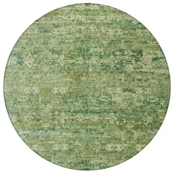 8' Olive Green And Sage Round Ikat Washable Indoor Outdoor Area Rug