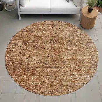 8' Chili Red And Brown Round Ikat Washable Indoor Outdoor Area Rug