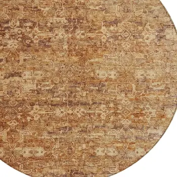 8' Chili Red And Brown Round Ikat Washable Indoor Outdoor Area Rug