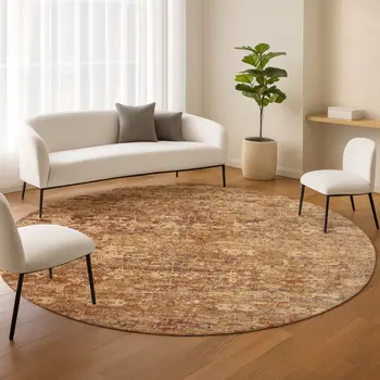 8' Chili Red And Brown Round Ikat Washable Indoor Outdoor Area Rug