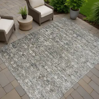 5' X 8' Pewter And Silver Ikat Washable Indoor Outdoor Area Rug