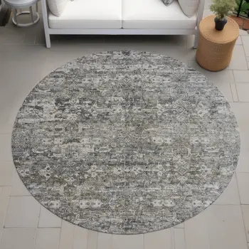8' Pewter And Silver Round Ikat Washable Indoor Outdoor Area Rug