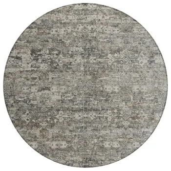 8' Pewter And Silver Round Ikat Washable Indoor Outdoor Area Rug