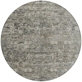 8' Pewter And Silver Round Ikat Washable Indoor Outdoor Area Rug