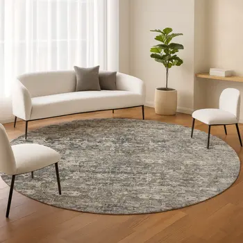 8' Pewter And Silver Round Ikat Washable Indoor Outdoor Area Rug