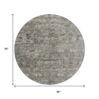 8' Pewter And Silver Round Ikat Washable Indoor Outdoor Area Rug