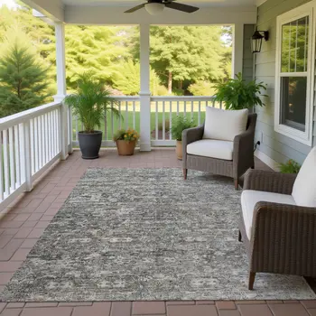 10' X 14' Pewter And Silver Ikat Washable Indoor Outdoor Area Rug