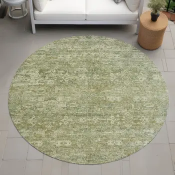 8' Sage And Ivory Round Ikat Washable Indoor Outdoor Area Rug