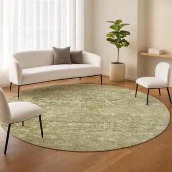 8' Sage And Ivory Round Ikat Washable Indoor Outdoor Area Rug