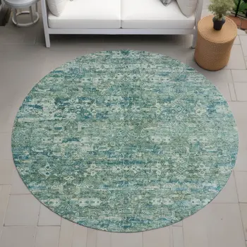8' Teal Blue And Ivory Round Ikat Washable Indoor Outdoor Area Rug