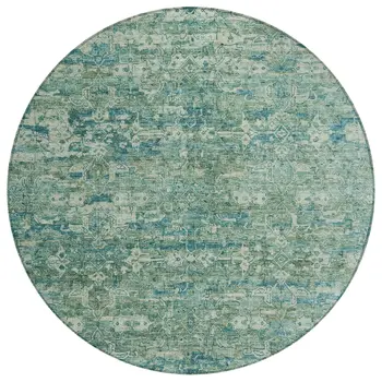 8' Teal Blue And Ivory Round Ikat Washable Indoor Outdoor Area Rug