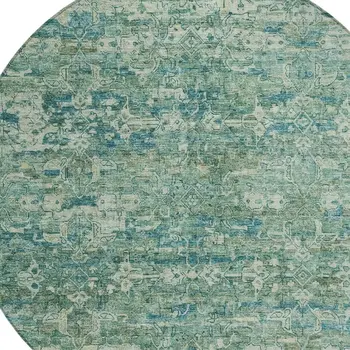 8' Teal Blue And Ivory Round Ikat Washable Indoor Outdoor Area Rug