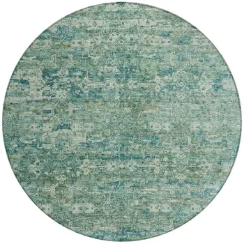 8' Teal Blue And Ivory Round Ikat Washable Indoor Outdoor Area Rug