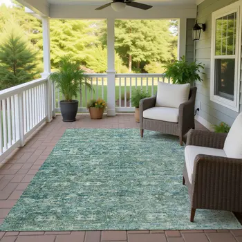 8' X 10' Teal Blue And Ivory Ikat Washable Indoor Outdoor Area Rug