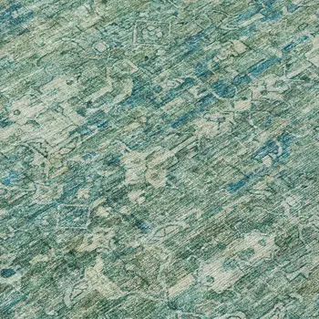10' X 14' Teal Blue And Ivory Ikat Washable Indoor Outdoor Area Rug