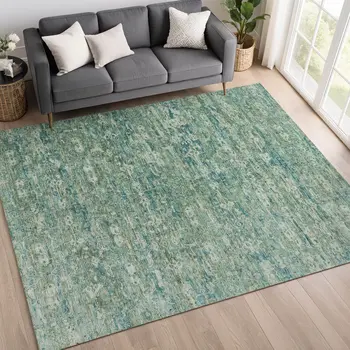 10' X 14' Teal Blue And Ivory Ikat Washable Indoor Outdoor Area Rug