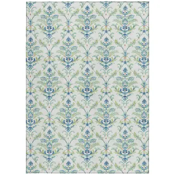 3' X 5' Artichoke Green Ivory And Blue Damask Washable Indoor Outdoor Area Rug