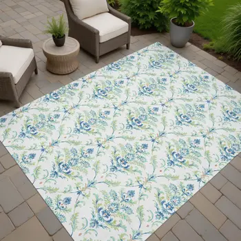 3' X 5' Artichoke Green Ivory And Blue Damask Washable Indoor Outdoor Area Rug