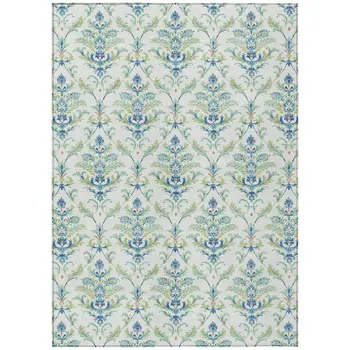 3' X 5' Artichoke Green Ivory And Blue Damask Washable Indoor Outdoor Area Rug