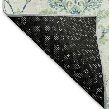 3' X 5' Artichoke Green Ivory And Blue Damask Washable Indoor Outdoor Area Rug