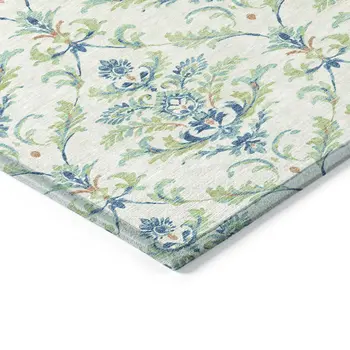 3' X 5' Artichoke Green Ivory And Blue Damask Washable Indoor Outdoor Area Rug