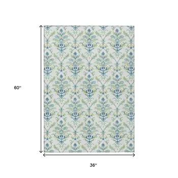 3' X 5' Artichoke Green Ivory And Blue Damask Washable Indoor Outdoor Area Rug