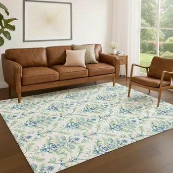 3' X 5' Artichoke Green Ivory And Blue Damask Washable Indoor Outdoor Area Rug