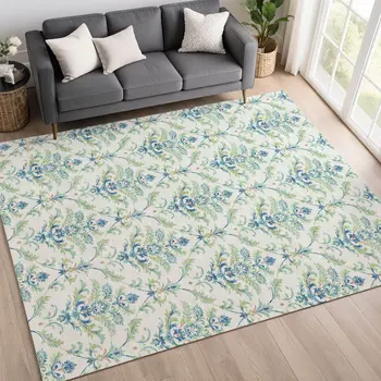 3' X 5' Artichoke Green Ivory And Blue Damask Washable Indoor Outdoor Area Rug