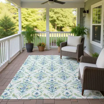 3' X 5' Artichoke Green Ivory And Blue Damask Washable Indoor Outdoor Area Rug