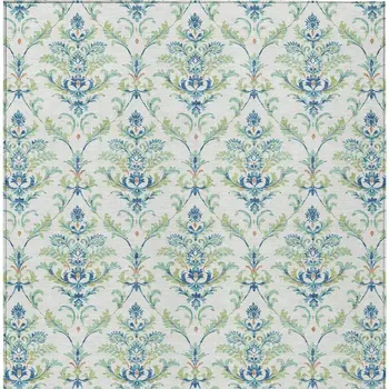5' X 8' Artichoke Green Ivory And Blue Damask Washable Indoor Outdoor Area Rug