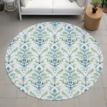 8' Artichoke Green Ivory And Blue Round Damask Washable Indoor Outdoor Area Rug