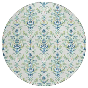 8' Artichoke Green Ivory And Blue Round Damask Washable Indoor Outdoor Area Rug