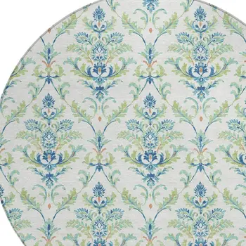 8' Artichoke Green Ivory And Blue Round Damask Washable Indoor Outdoor Area Rug