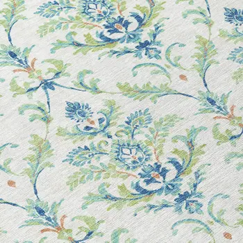 8' Artichoke Green Ivory And Blue Round Damask Washable Indoor Outdoor Area Rug