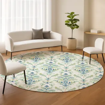 8' Artichoke Green Ivory And Blue Round Damask Washable Indoor Outdoor Area Rug