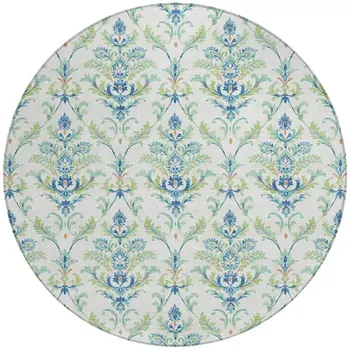 8' Artichoke Green Ivory And Blue Round Damask Washable Indoor Outdoor Area Rug