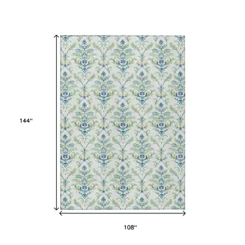 9' X 12' Artichoke Green Ivory And Blue Damask Washable Indoor Outdoor Area Rug