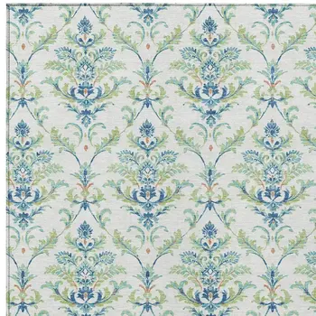 10' X 14' Artichoke Green Ivory And Blue Damask Washable Indoor Outdoor Area Rug