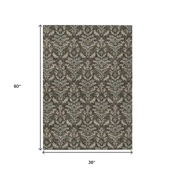 3' X 5' Chocolate Copper And Black Damask Washable Indoor Outdoor Area Rug