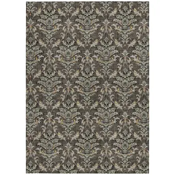 5' X 8' Chocolate Copper And Black Damask Washable Indoor Outdoor Area Rug