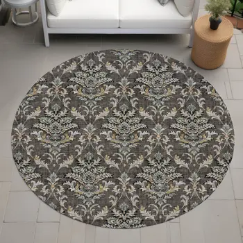 8' Chocolate Copper And Black Round Damask Washable Indoor Outdoor Area Rug