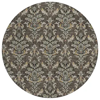 8' Chocolate Copper And Black Round Damask Washable Indoor Outdoor Area Rug