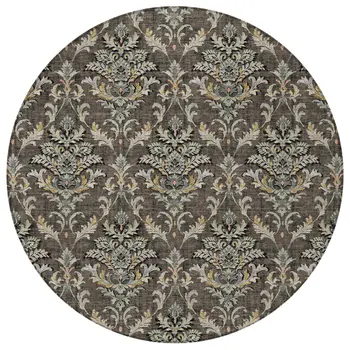 8' Chocolate Copper And Black Round Damask Washable Indoor Outdoor Area Rug