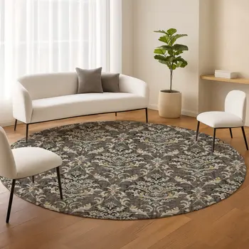 8' Chocolate Copper And Black Round Damask Washable Indoor Outdoor Area Rug
