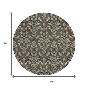 8' Chocolate Copper And Black Round Damask Washable Indoor Outdoor Area Rug