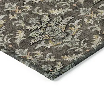 8' X 10' Chocolate Copper And Black Damask Washable Indoor Outdoor Area Rug