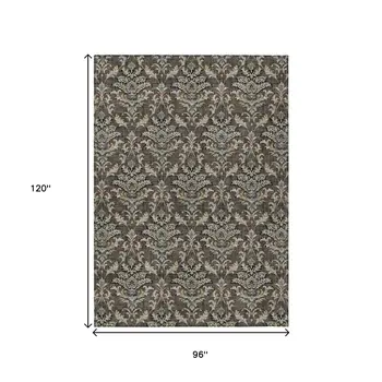 8' X 10' Chocolate Copper And Black Damask Washable Indoor Outdoor Area Rug